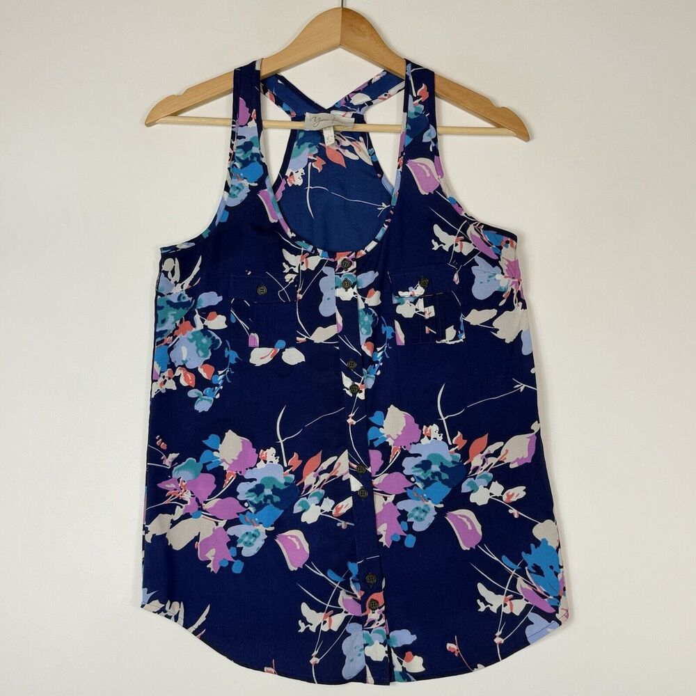 Yumi Kim Top Women XS Blue Floral Crepe Button Front Elevated Luxe Cottage